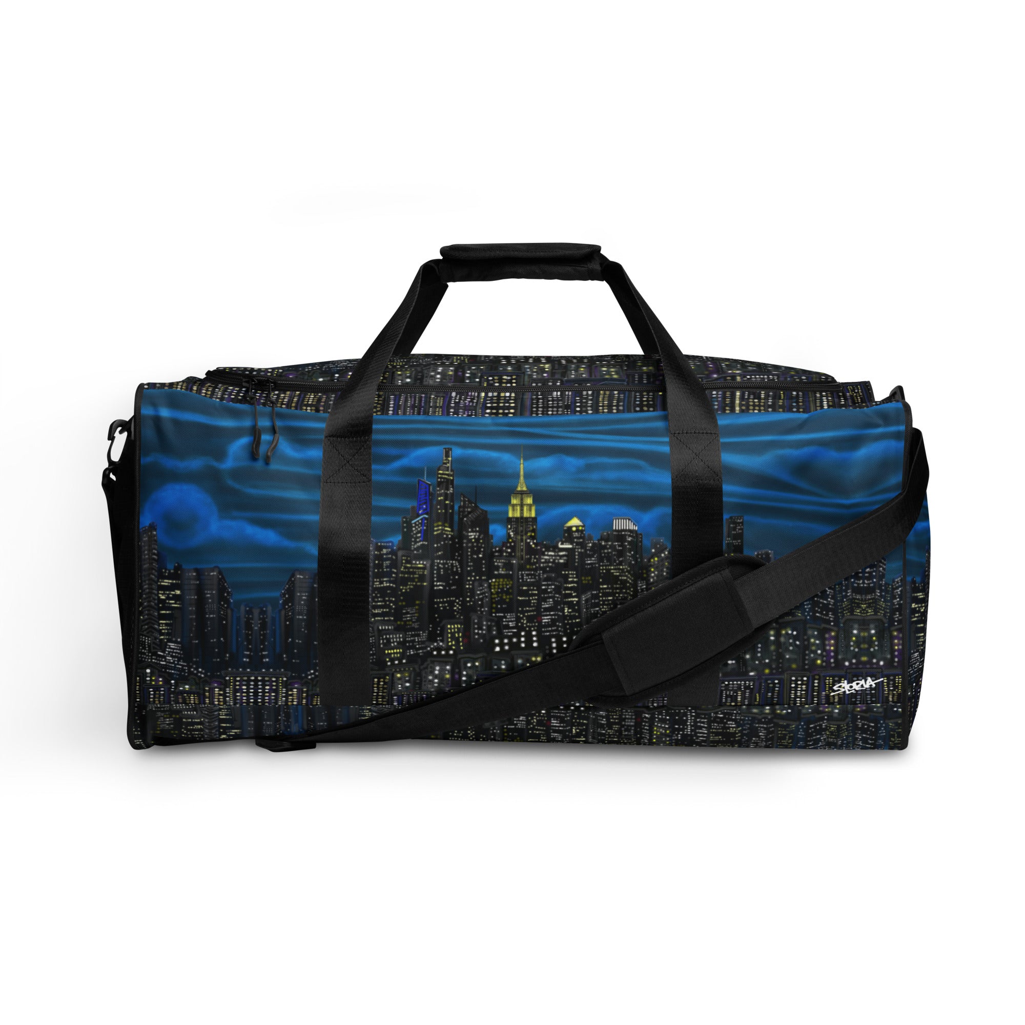 Duffle bag with a cityscape design of Loria NYC Art on a white background