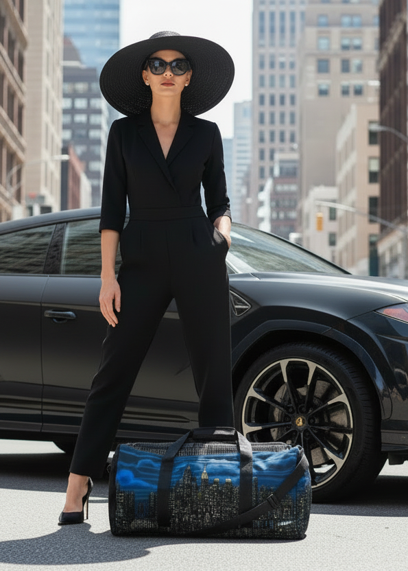 Lady standing by a Loria NYC Art designed duffle bag with sports car behind her