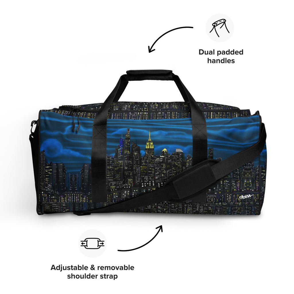 Loria NYC Art designed duffle bag on  white background 