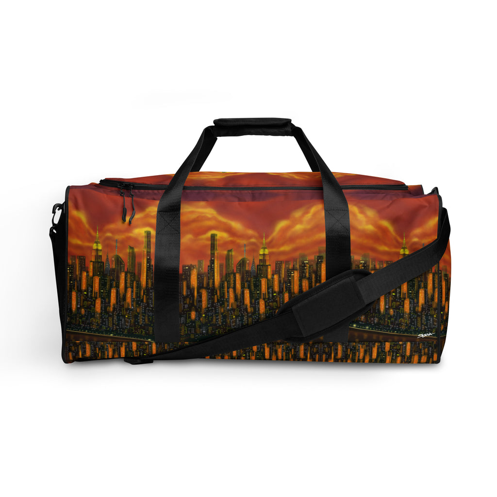 Duffel bag with Loria NYC Art sunset cityscape design on a white background