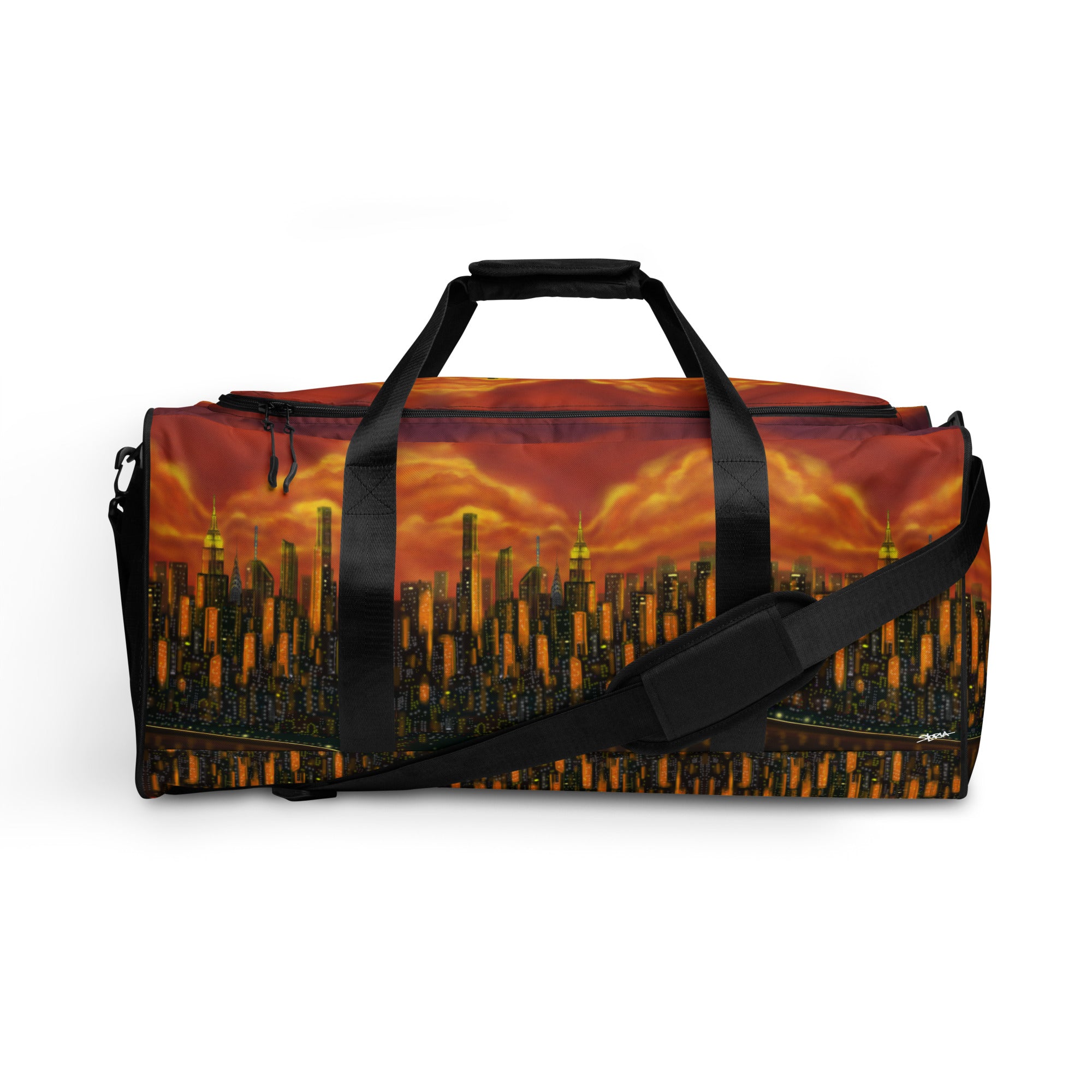 Duffel bag with Loria NYC Art sunset cityscape design on a white background