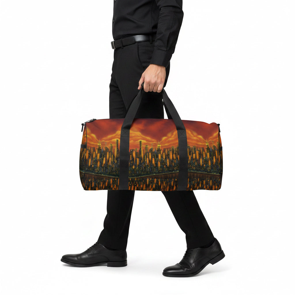 Person holding a large duffel bag with a cityscape design on a white background