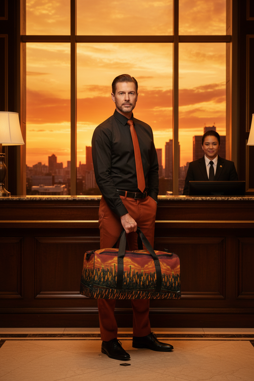 Man holding a Loria NYC Art bag in a hotel lobby with a cityscape view.