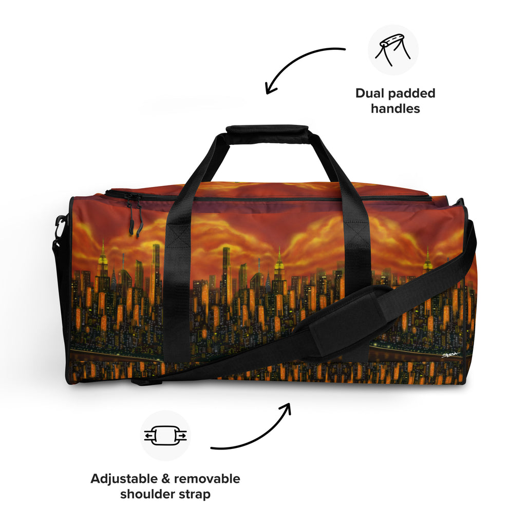  Duffel bag with Loria NYC Art sunset cityscape design on a white background