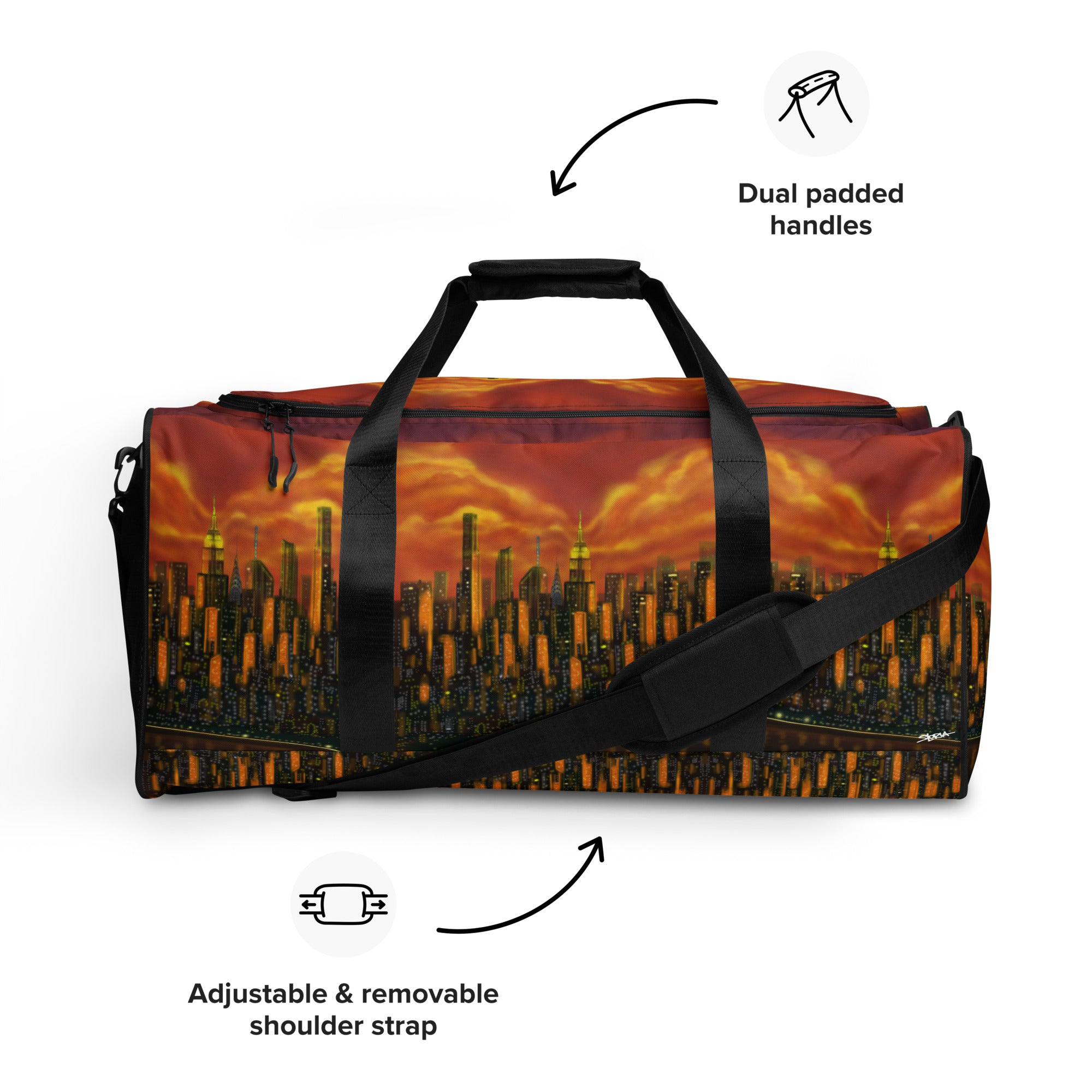  Duffel bag with Loria NYC Art sunset cityscape design on a white background