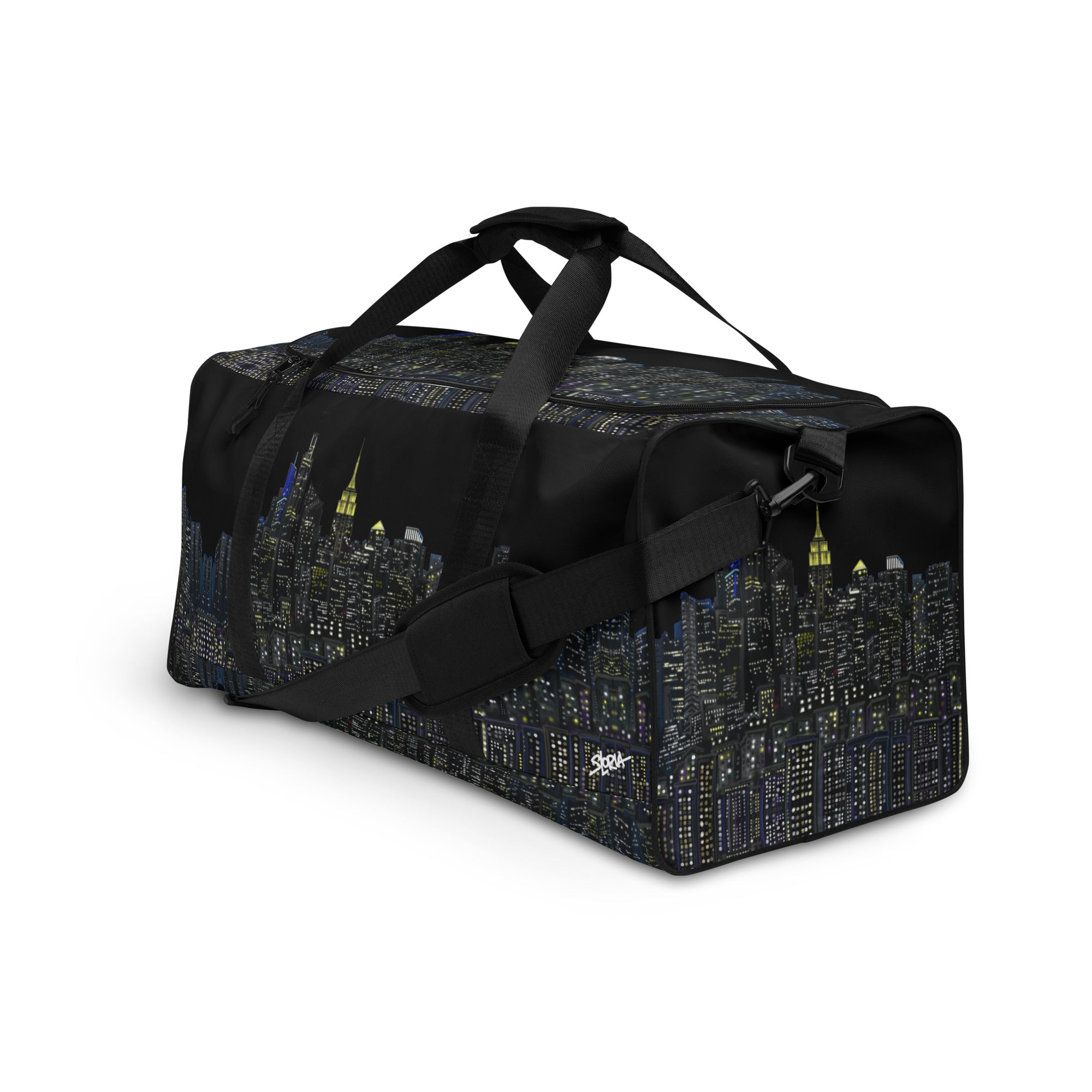 Black duffel bag with NY cityscape designed by Loria NYC Art on a white background