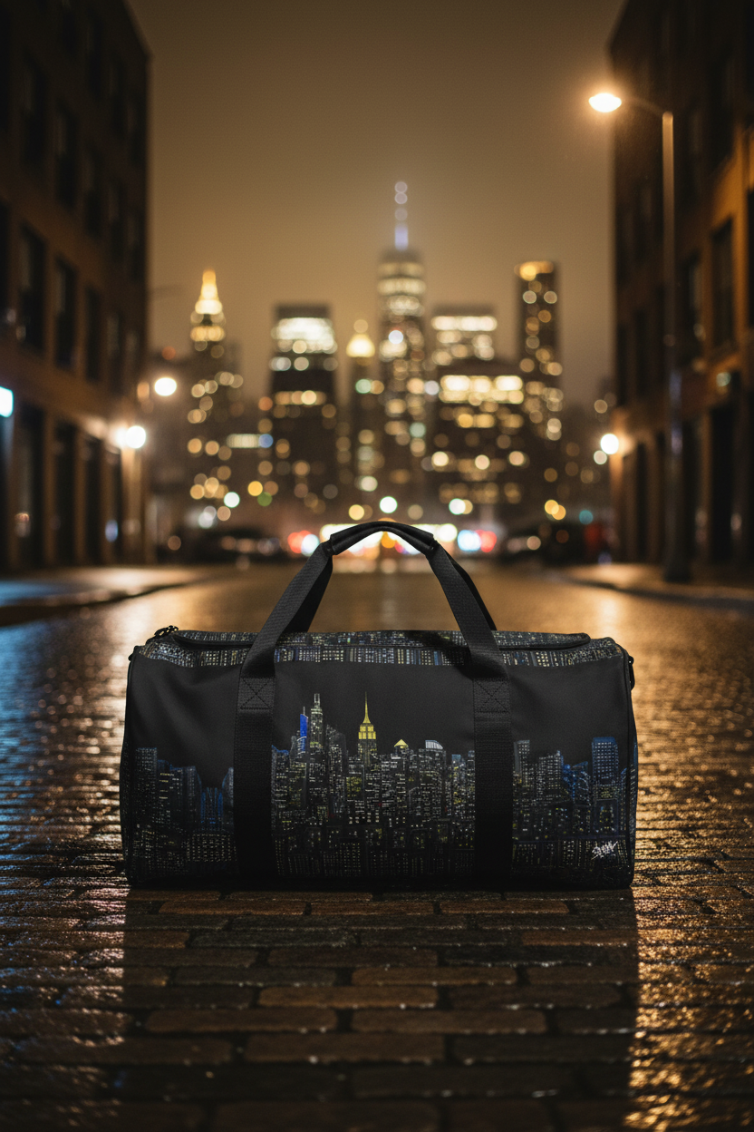 Cityscape background with Black Loria NYC Art duffel bag design on a city street at night