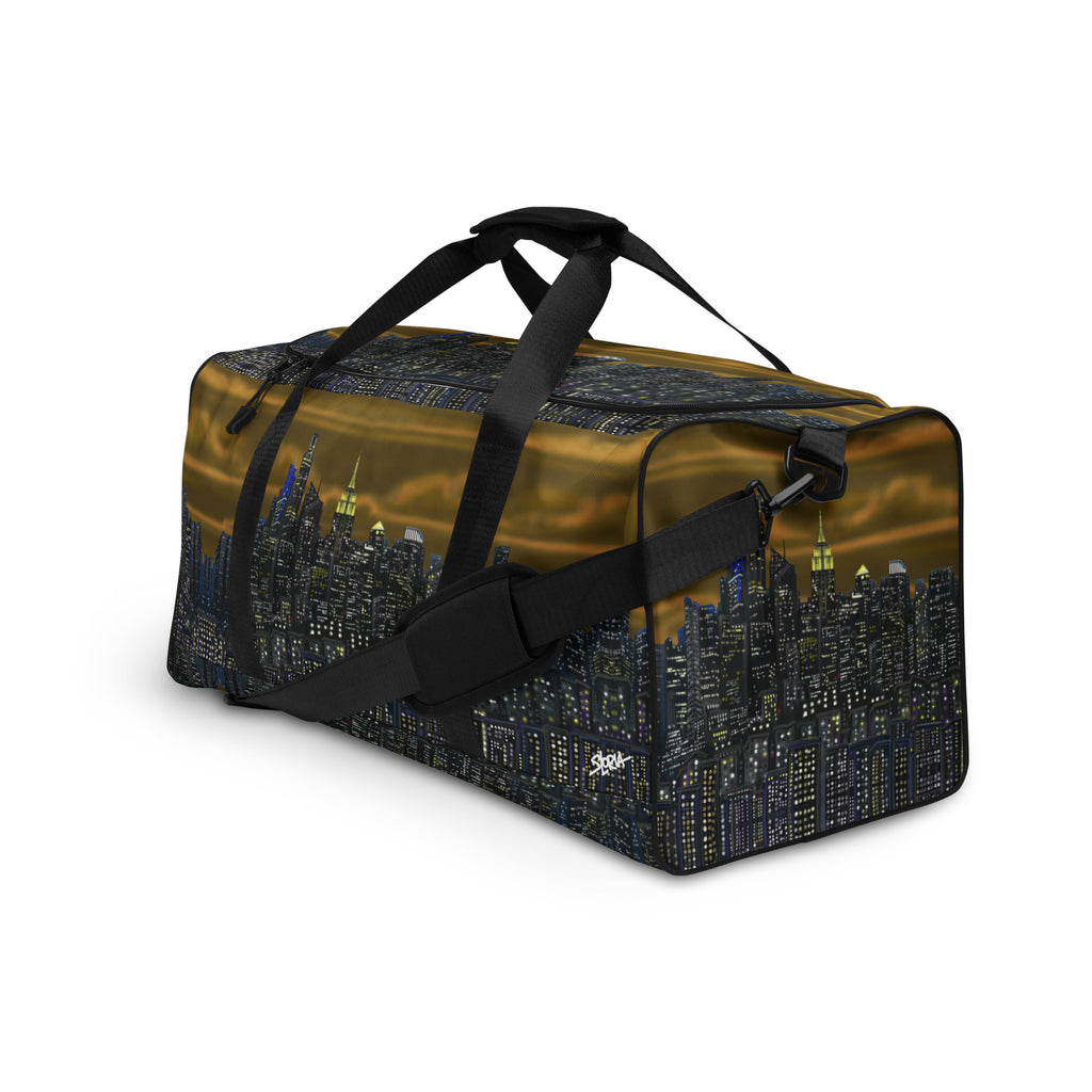 Brown Duffle bag with NY cityscape design by Loria NYC Art  on a white background
