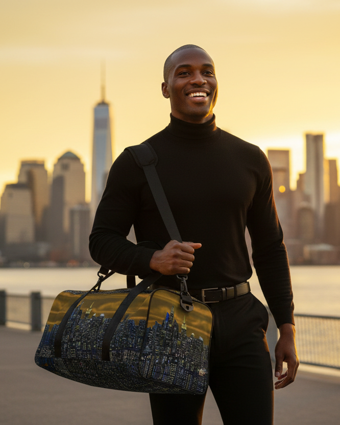 Man holding a Loria NYC Art duffel bag with a cityscape design against a city skyline at sunset.