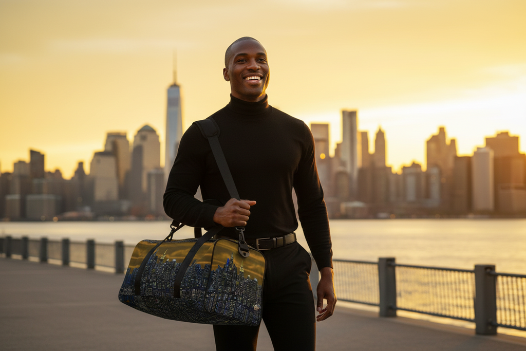 Man holding a Loria NYC Art duffel bag with a city skyline in the background
