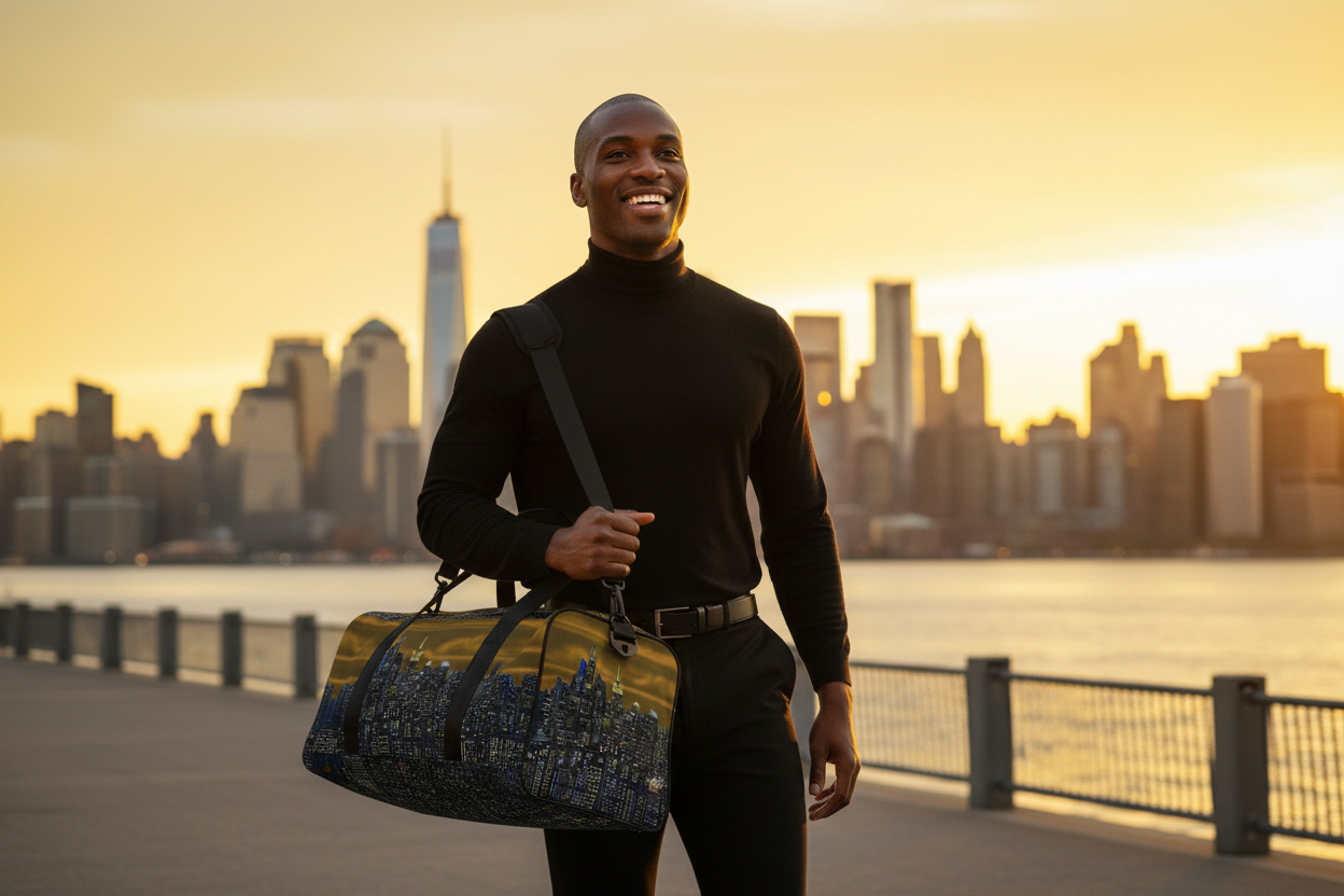 Man holding a Loria NYC Art duffel bag with a city skyline in the background