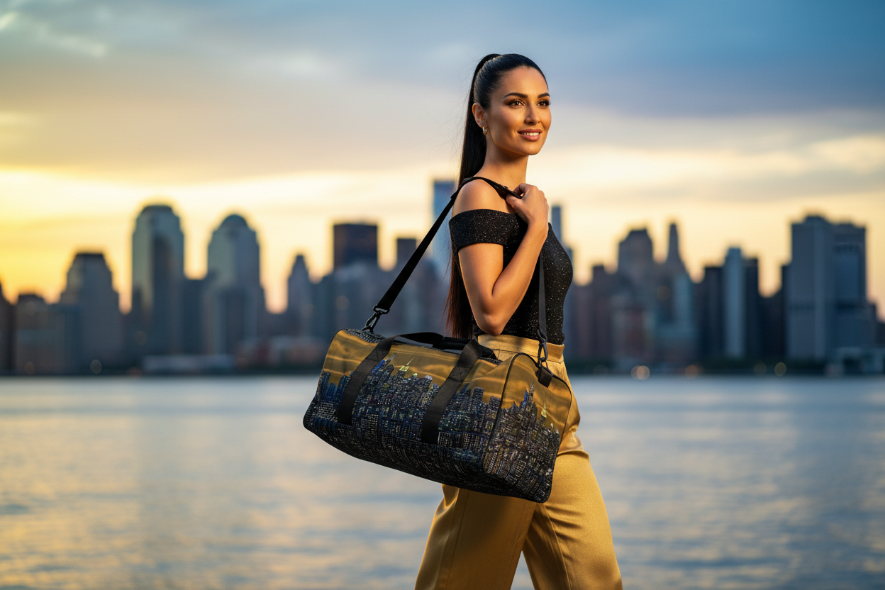 Woman holding a large Loria NYC Art duffel bag with a city skyline and water in the background
