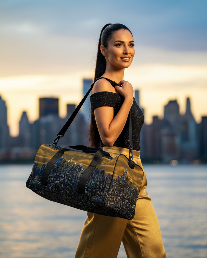 Woman holding a duffel bag with a cityscape Loria NYC Art design, standing by a waterfront with a city skyline in the background.