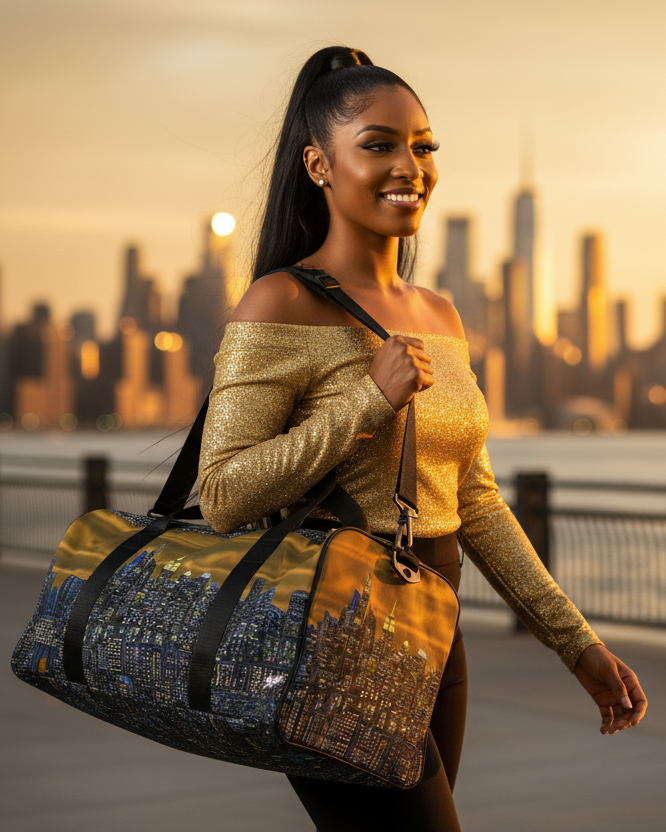 Woman holding a Loria NYC Art duffel bag with cityscape design against a sunset skyline.