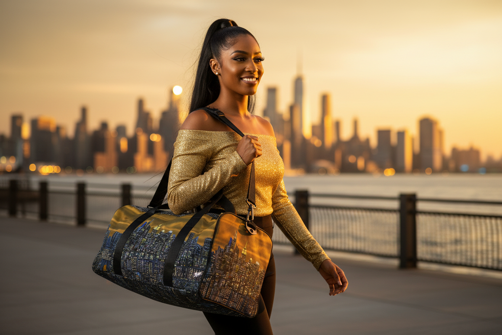 Woman holding a large Loria NYC Art duffel bag with a city skyline in the background
