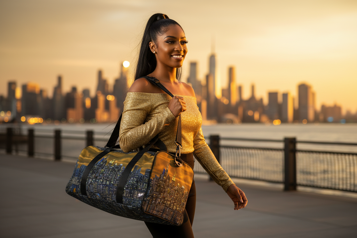 Woman holding a large Loria NYC Art duffel bag with a city skyline in the background