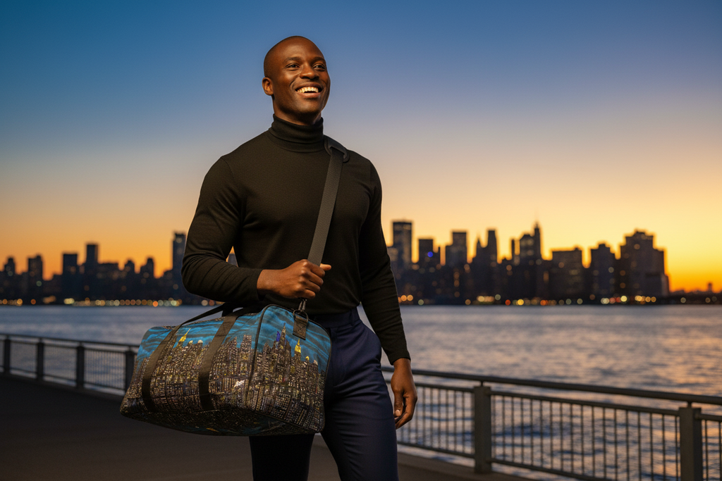 Man holding a Loria NYC ART duffel bag with a cityscape design, standing by a waterfront with a city skyline in the background.