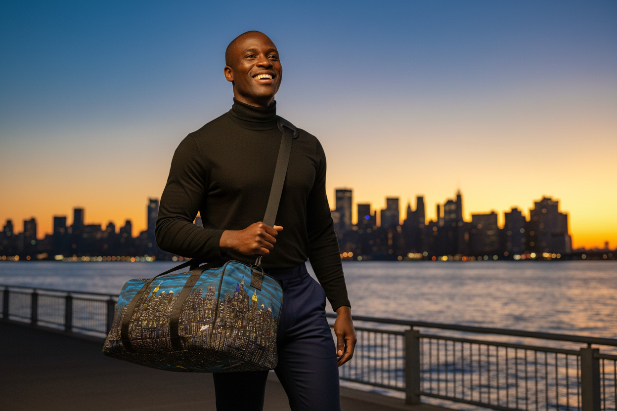 Man holding a Loria NYC ART duffel bag with a cityscape design, standing by a waterfront with a city skyline in the background.