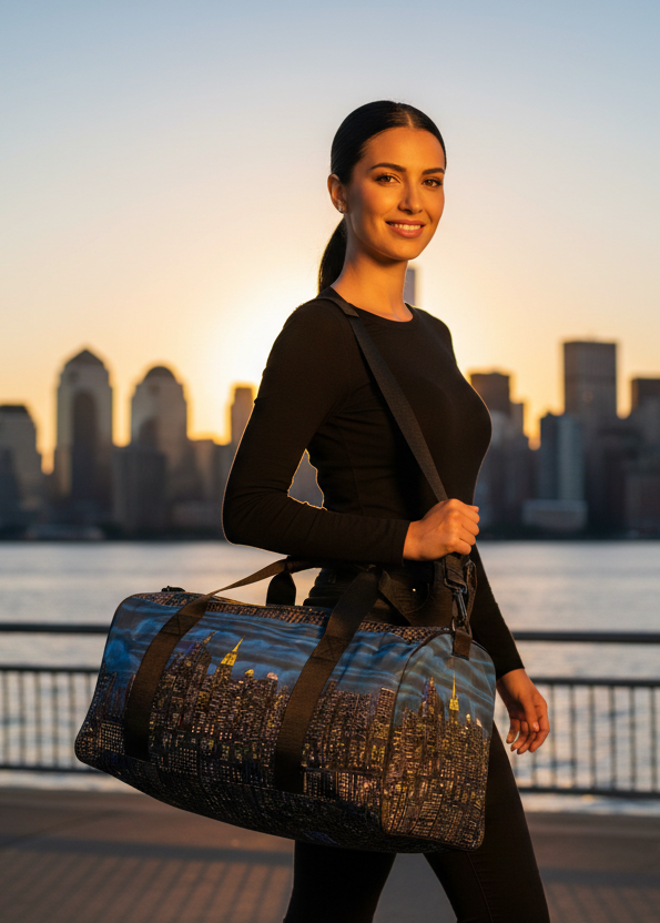 Woman holding a large Loria NYC Art duffel bag with a city skyline and sunset in the background