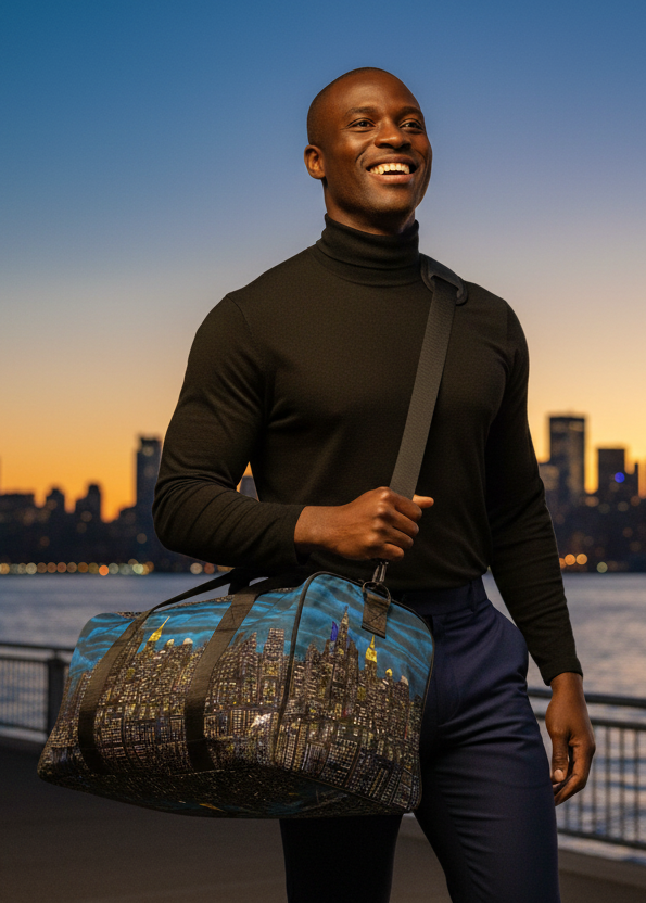 Man holding a Loria NYC Art duffel bag with a cityscape design, standing by a waterfront at sunset.