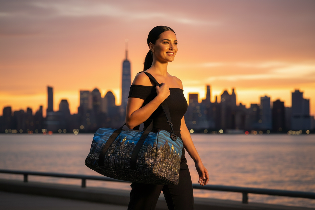 Woman holding a blue Loria NYC Art duffel bag with a city skyline and sunset in the background