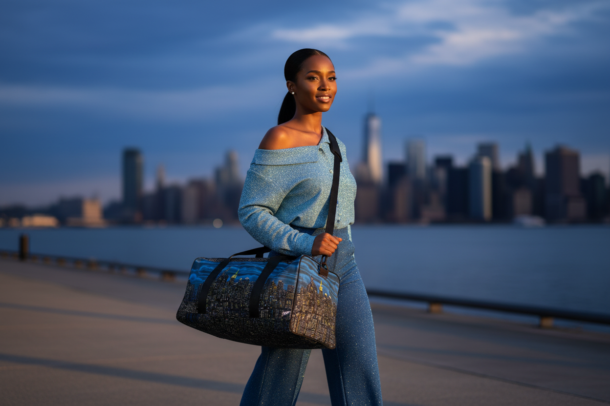 Woman holding a blue Loria NYC Art duffel bag with a city skyline in the background
