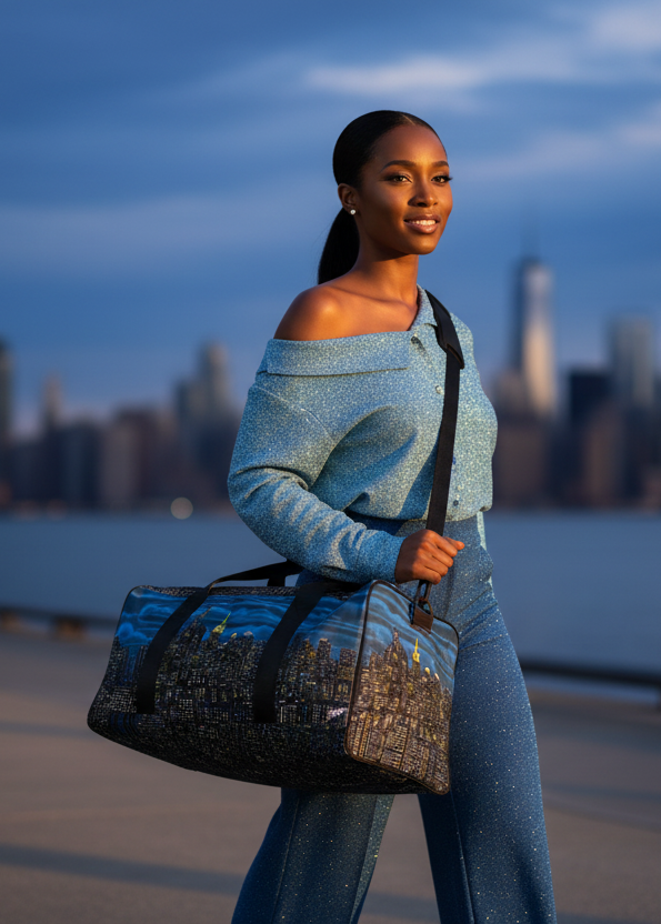 Woman holding a blue Loria NYC Art duffel bag with city skyline design against a blurred cityscape background
