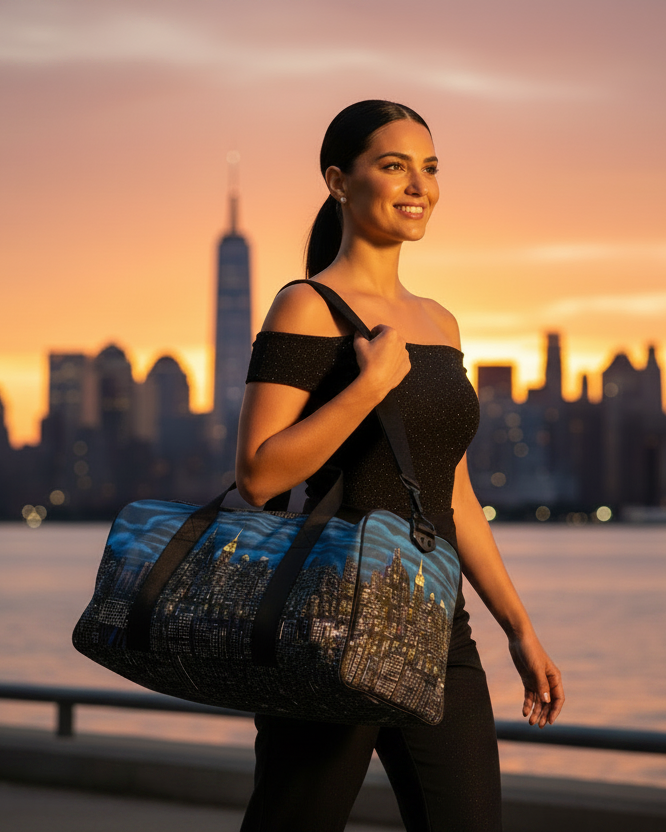 Woman holding a blue Loria NYC Art duffel bag with cityscape design against a sunset skyline.
