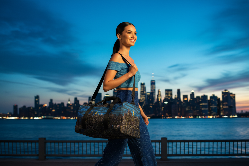 Woman walking with a Loria NYC Art blue duffel bag against a city skyline at dusk.