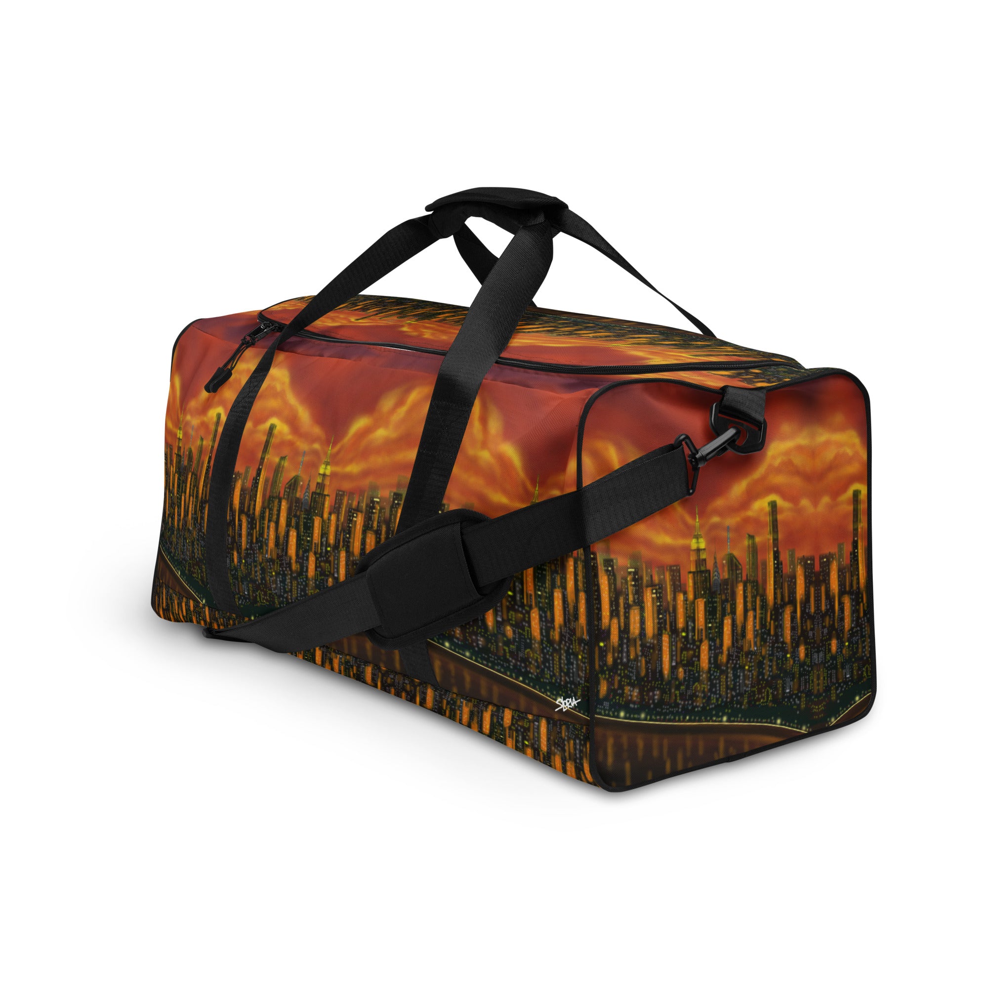 Duffel bag with Loria NYC Art sunset cityscape design on a white background