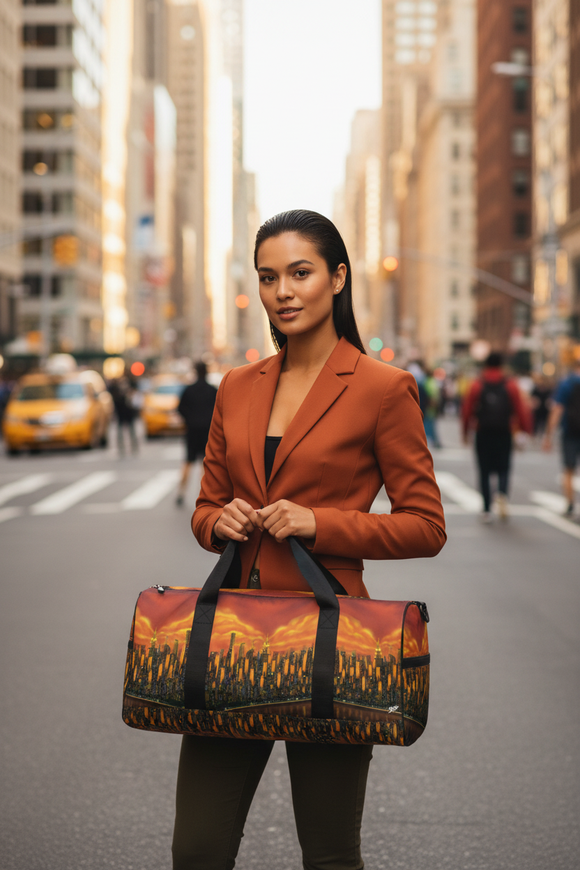 Women holding a Loria NYC Art orange skyline duffle bag in an urban setting.