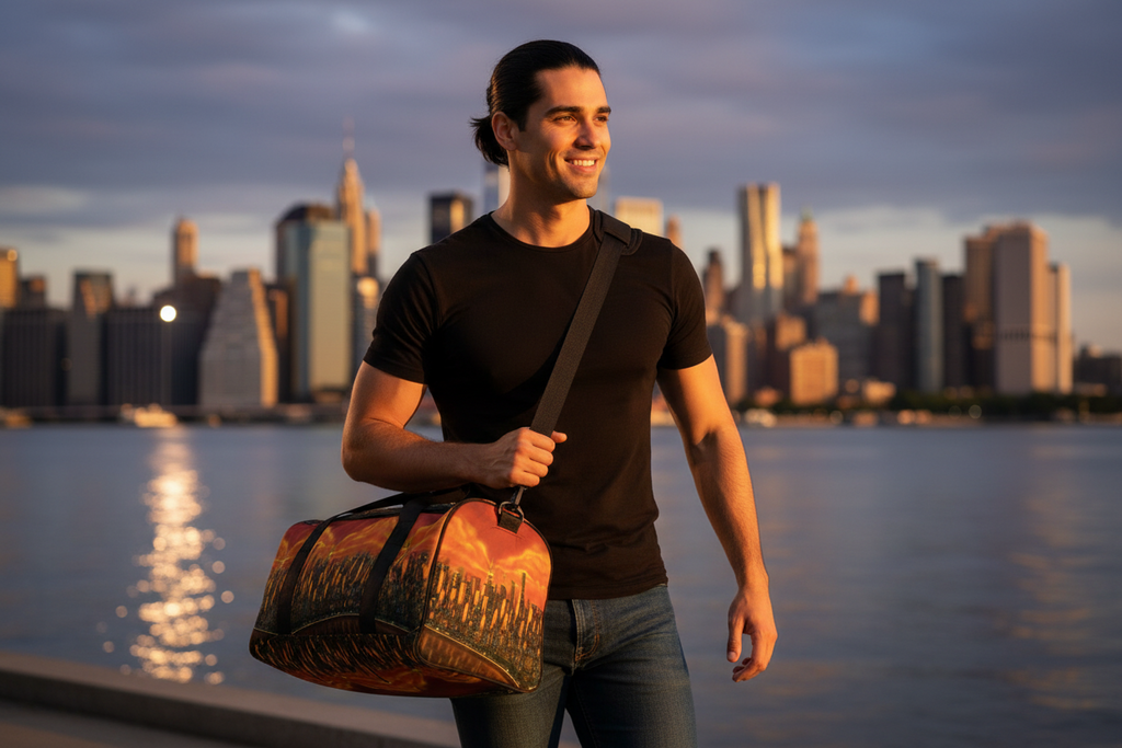 Man holding a Loria NYC Art duffel bag with a city skyline and water in the background