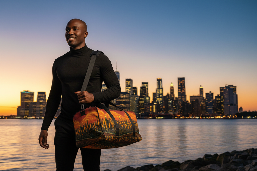 Man holding a Loria NYC Art duffel bag with a city skyline and sunset in the background