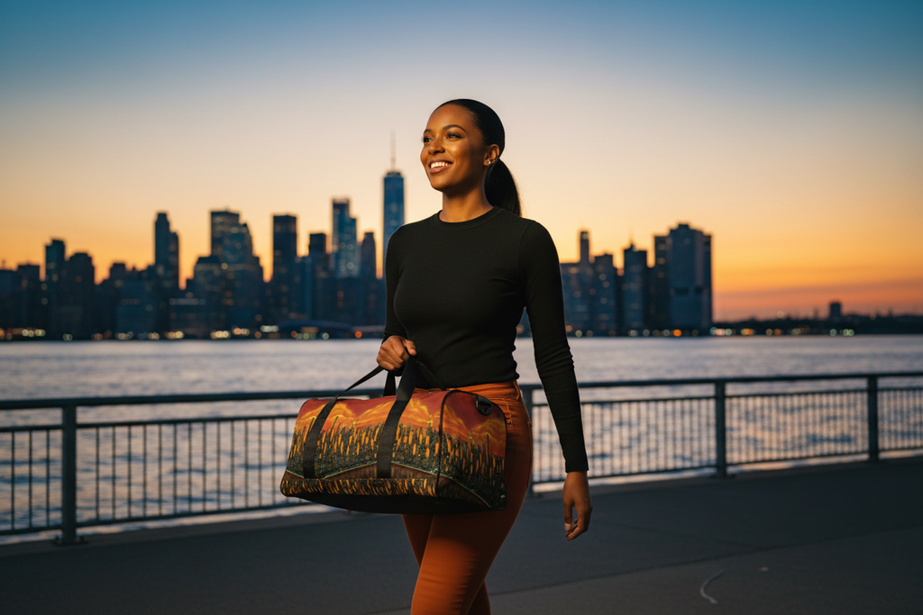 Woman walking with a Loria NYC Art duffel bag against a city skyline at sunset