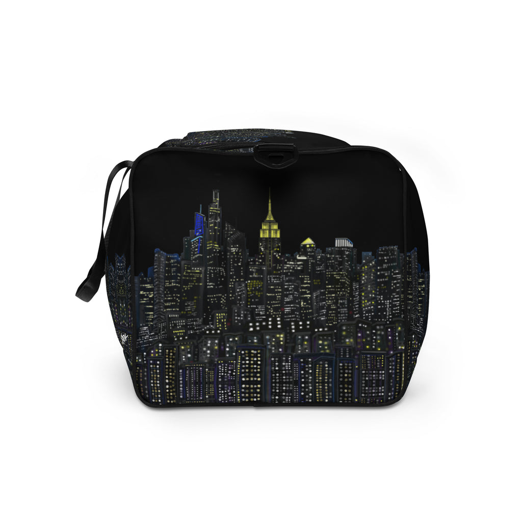 Black duffel bag with NY cityscape designed by Loria NYC Art on a white background