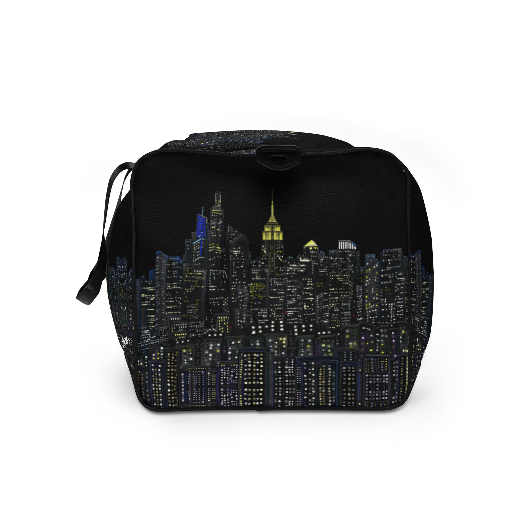 Black duffel bag with NY cityscape designed by Loria NYC Art on a white background