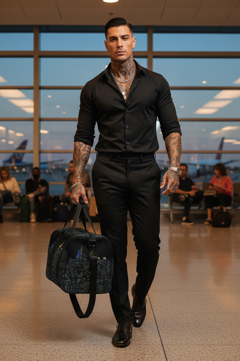 Man carrying a black skyline Loria NYC Art duffle bag in an airport.