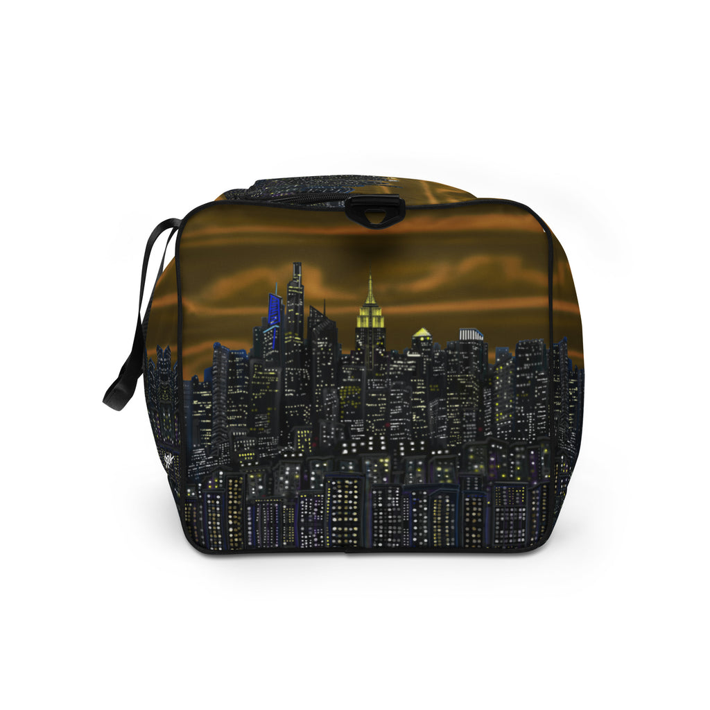 Duffle bag with NY cityscape design by Loria NYC Art  on a white background