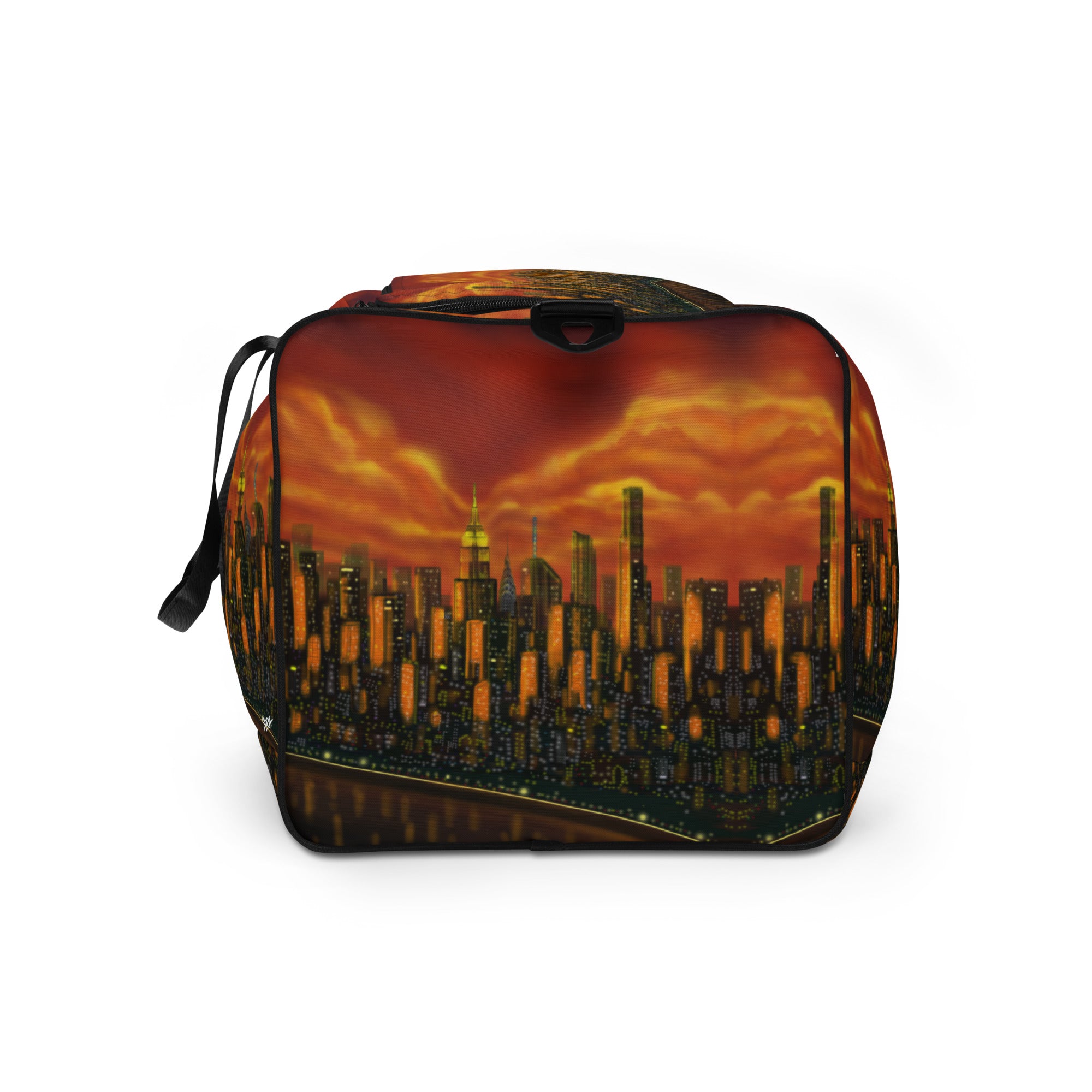 Duffel bag with Loria NYC Art sunset cityscape design on a white background