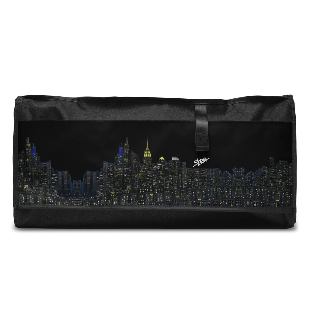Black duffel bag with NY cityscape designed by Loria NYC Art on a white background