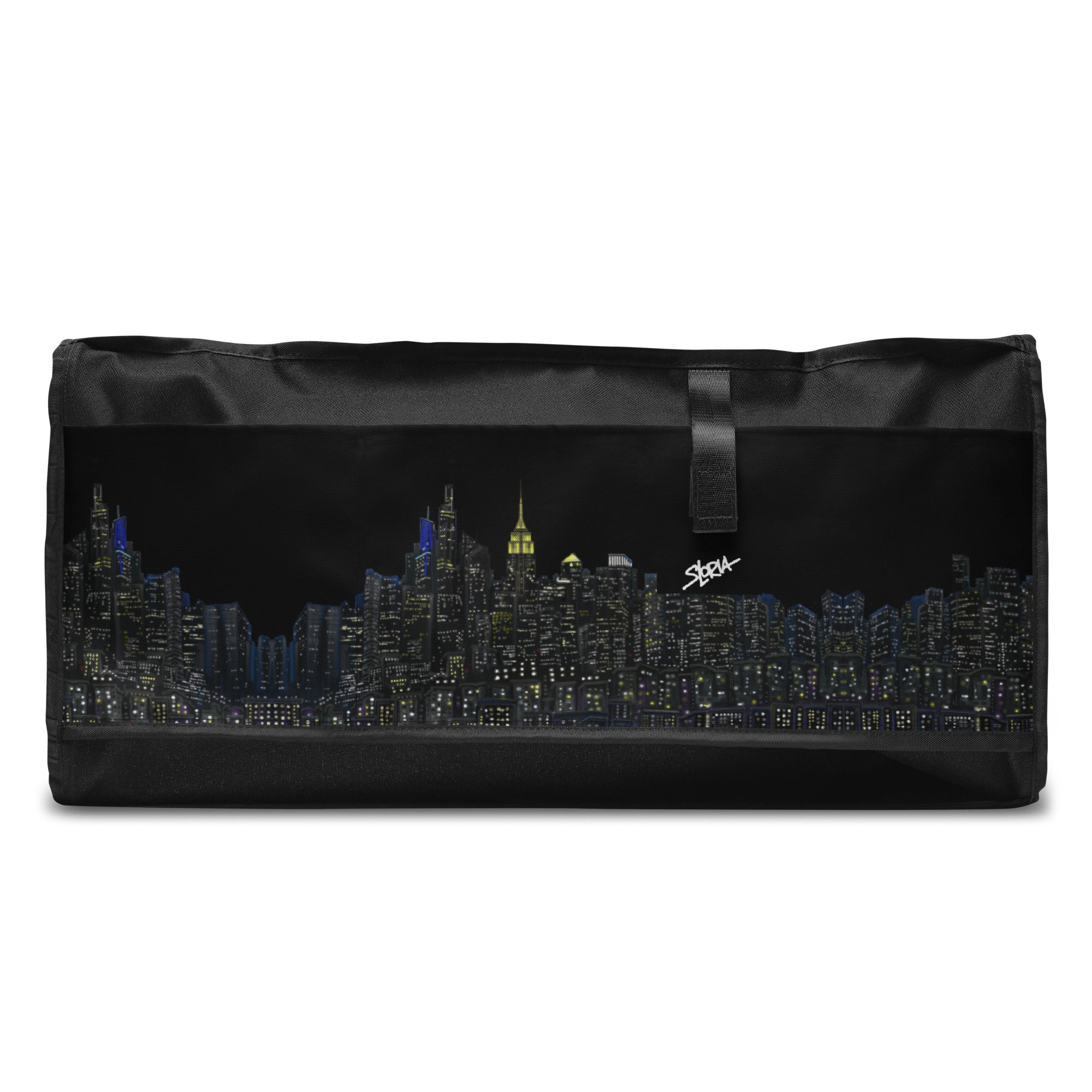 Black duffel bag with NY cityscape designed by Loria NYC Art on a white background