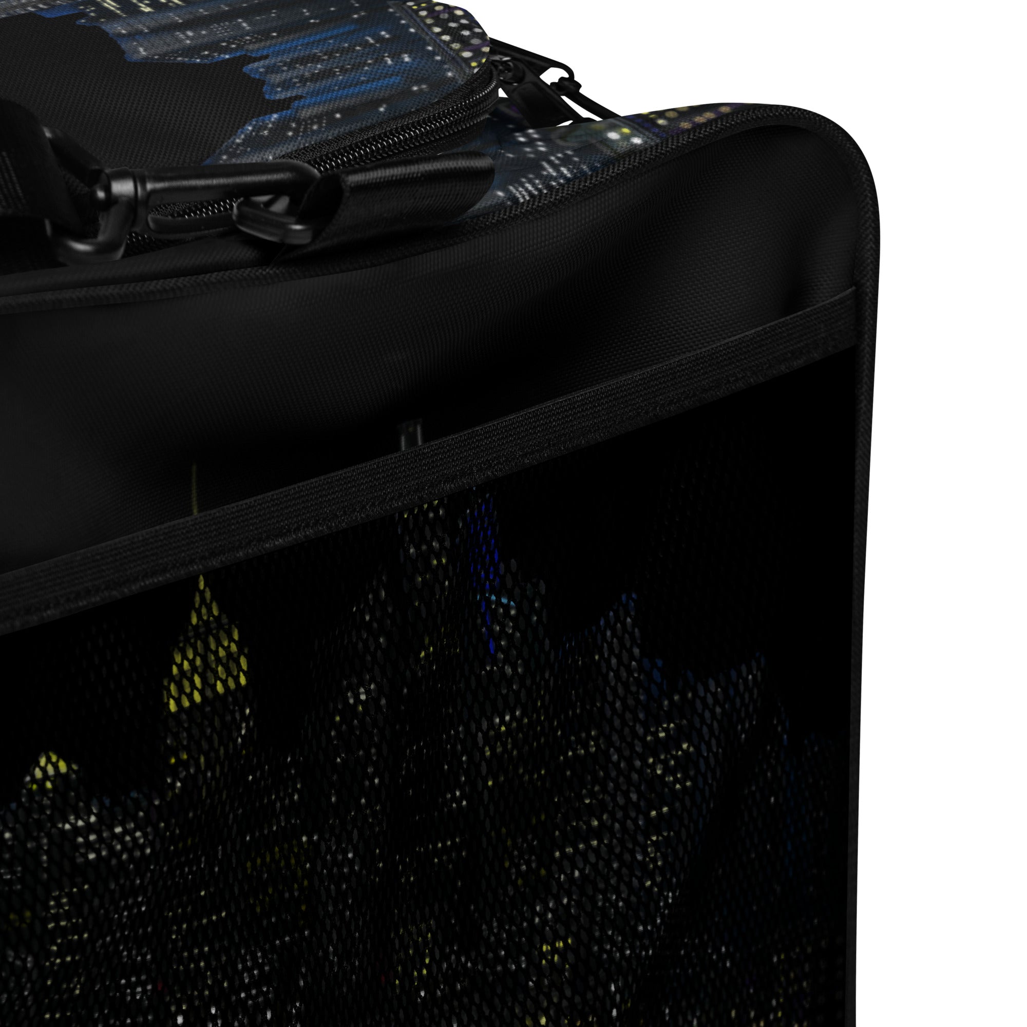 Close-up of a black Loria NYC Art bag with a textured pattern on a white background