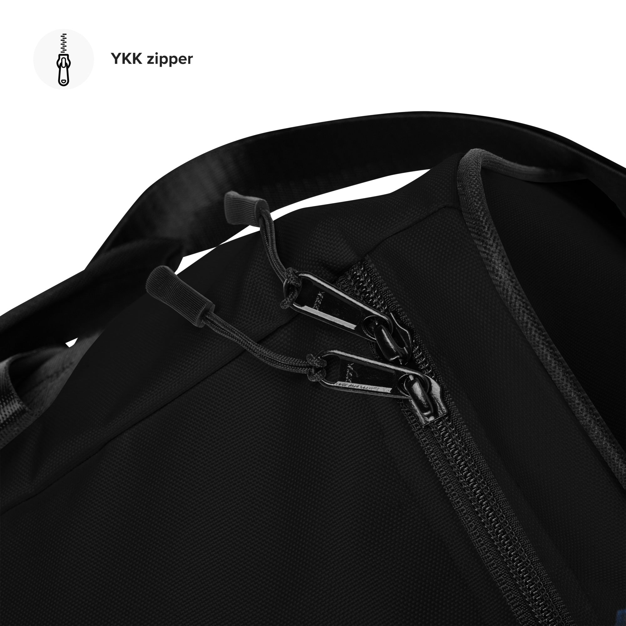 Close-up of a black Loria NYC Art bag with YKK zipper on a white background