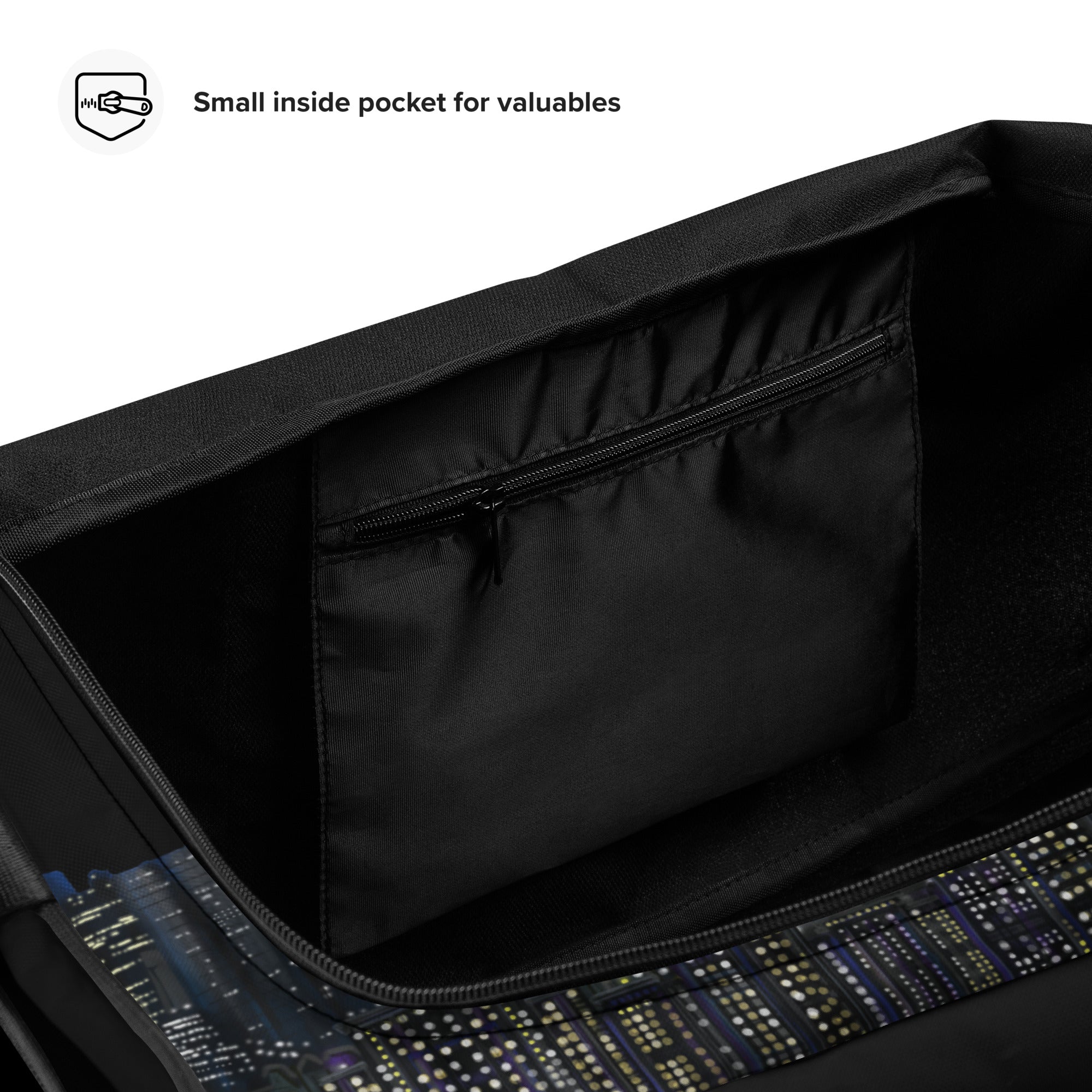 Close-up of a black Loria NYC Art bag with a small inside pocket labeled 'Small inside pocket for valuables'.