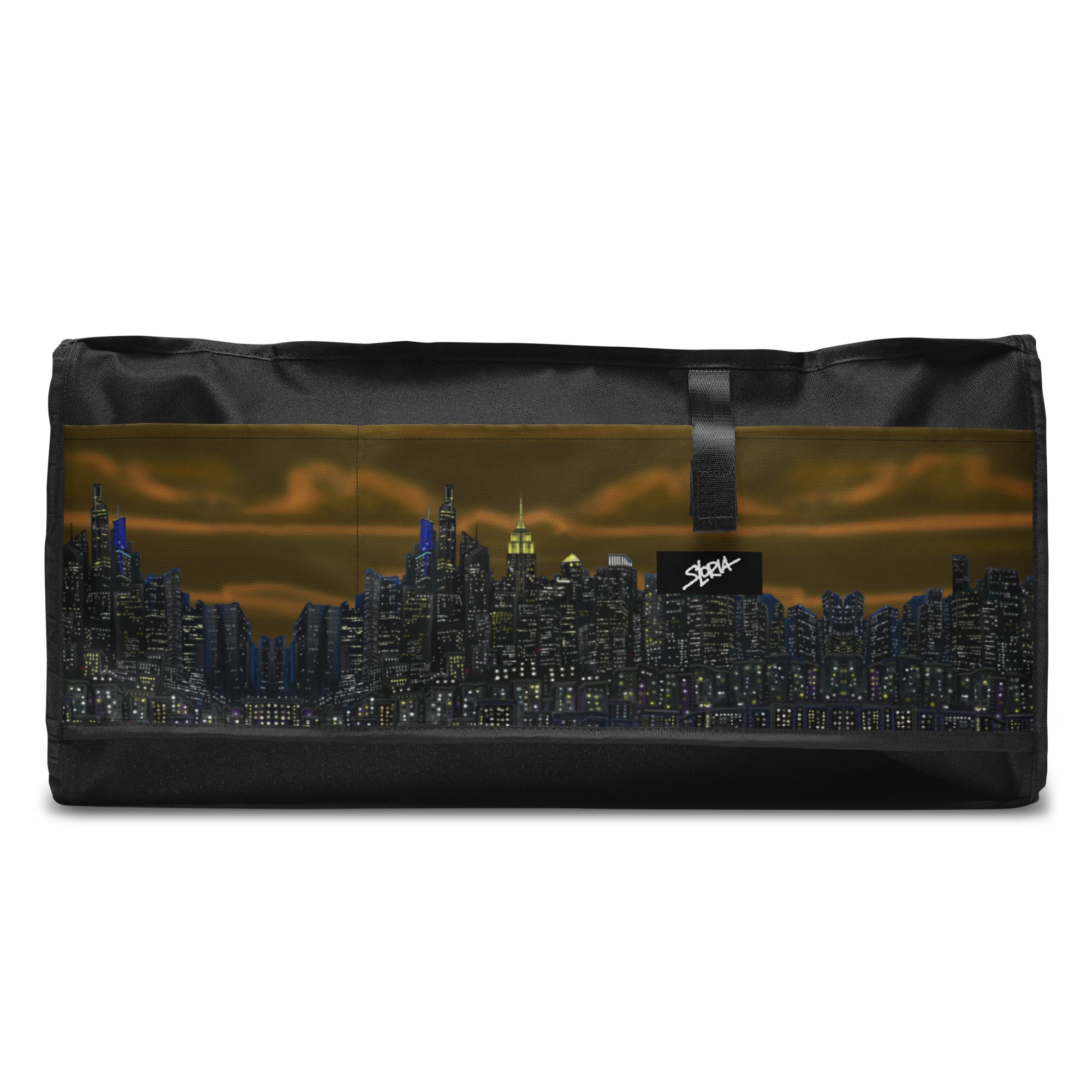 Brown Duffle bag with NY cityscape design by Loria NYC Art  on a white background