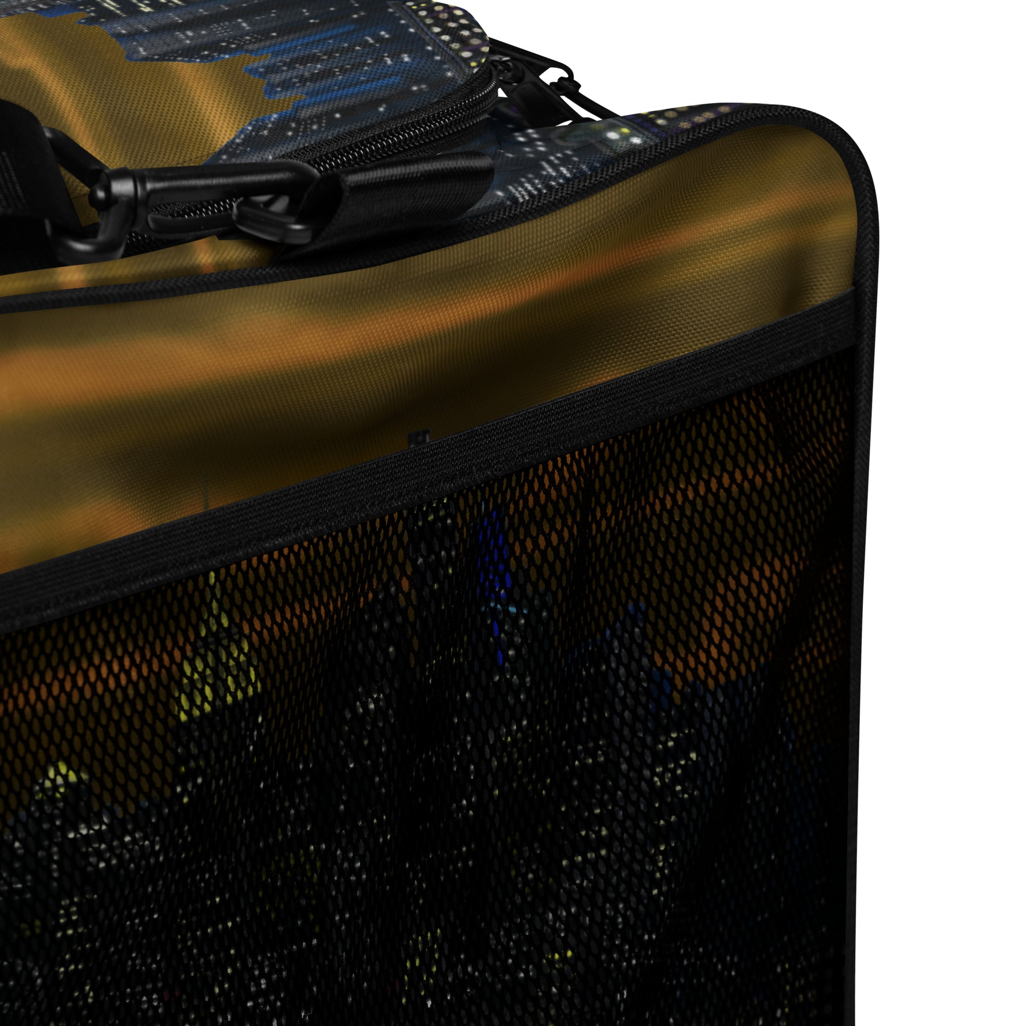 Close-up of a black brown and gold textured bag with a zipper.