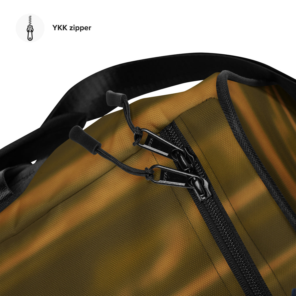Brown Duffle bag with NY cityscape design by Loria NYC Art  on a white background