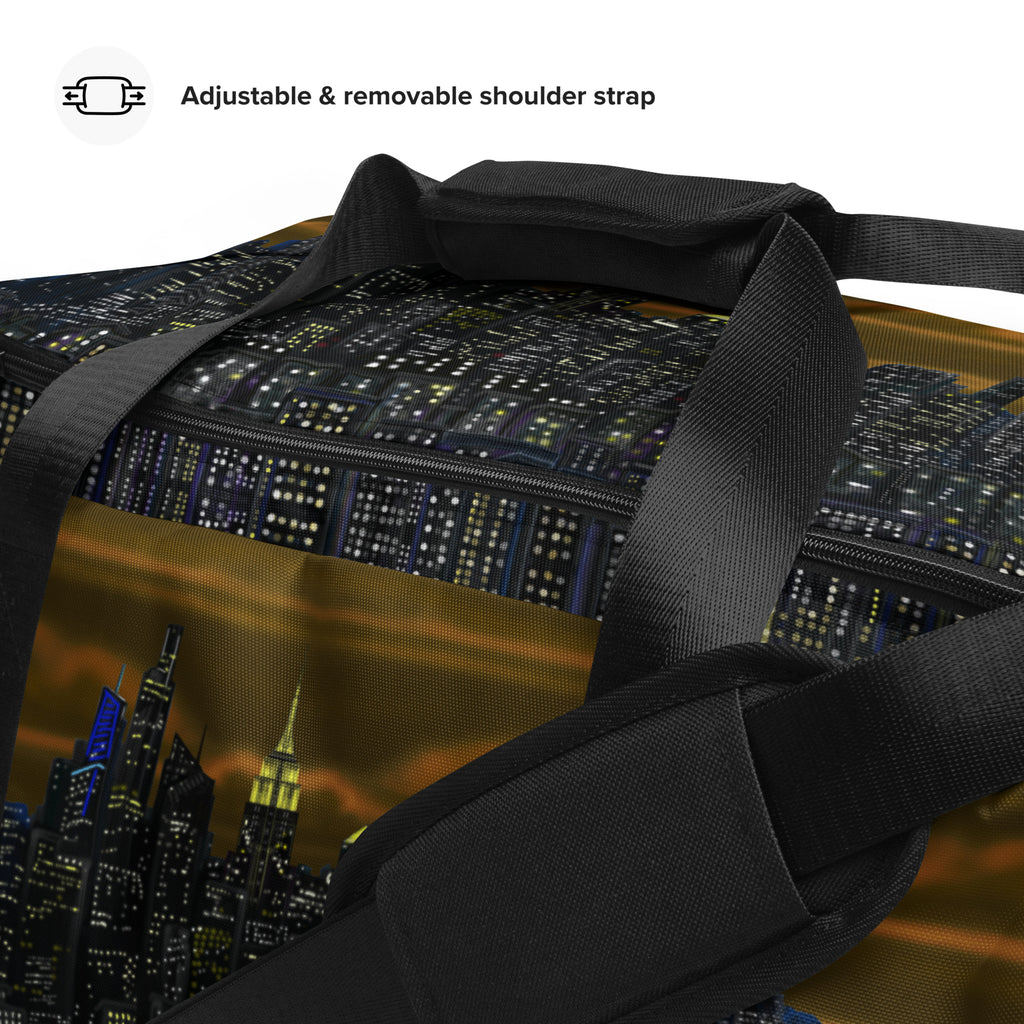 Brown Duffle bag with NY cityscape design by Loria NYC Art  on a white background