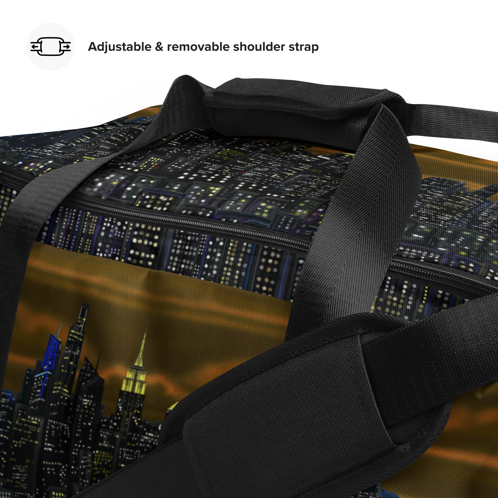 Brown Duffle bag with NY cityscape design by Loria NYC Art  on a white background