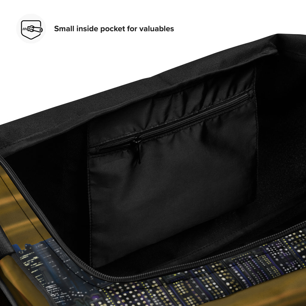 Close-up of a black inside pocket on a product with text indicating it's for valuables.